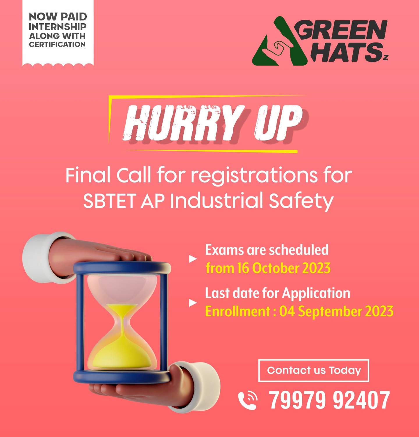 If you haven't enrolled yourself in your most desired course in industrial safety yet, then this is your last chance.
Green Hats is giving the final call for its best course, i.e., SBTET AP industrial safety. Come and register now.
Last date of enrollment is 4 September, 2023.
Exams are already scheduled for October 16, 2023.
Call us on the given number to get further information.
.
.
.
#Greenhatsz #workplacesafety #onlinefireandsafetycourseinvizag #safetytraining #bestfireandsafetycourseinvizag #worksafe #training #besafe
#greenhatszinstituteinvizag #fireandsafety #fireengine #safetytips #careeropportunities #firesafety #fire #safetyfirst #staysafe
